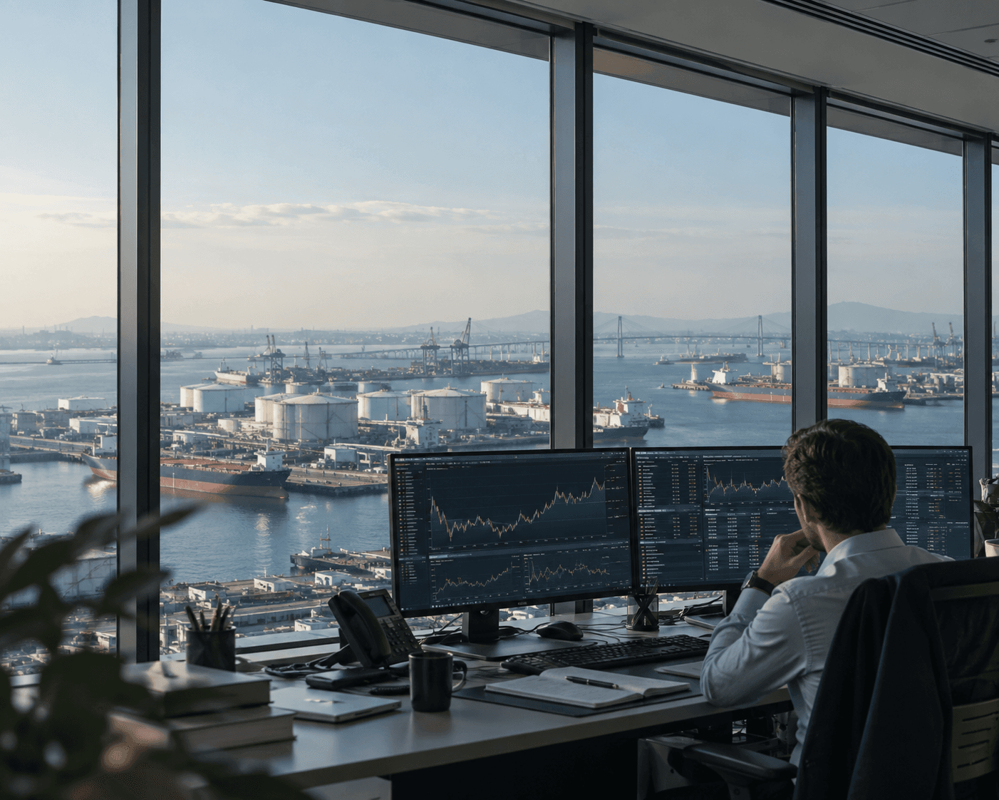 Trading operations overlooking a shipping port