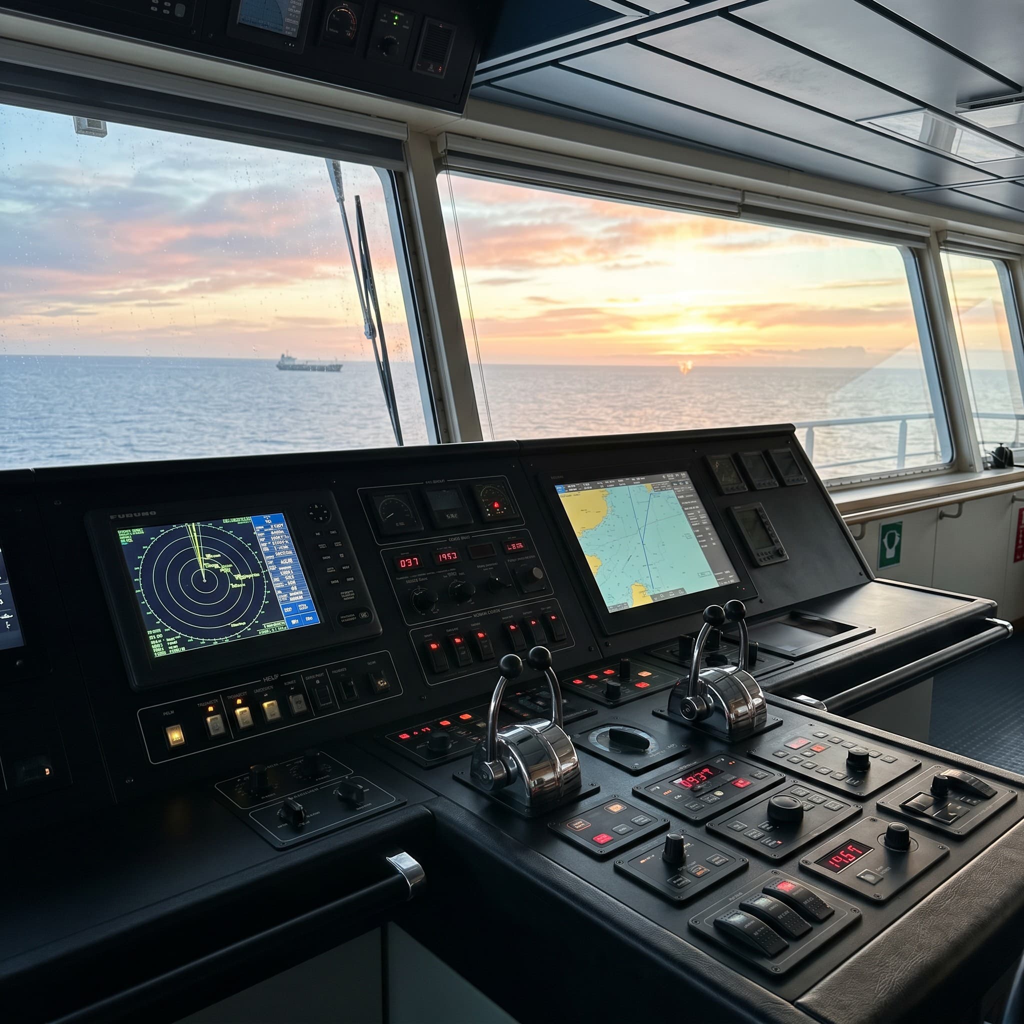 Ship's navigation bridge at sea